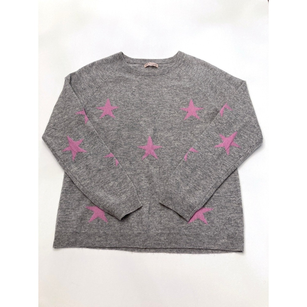 Philosophy 100% Cashmere Sweater Gray Pink Stars Womens M Crew Neck